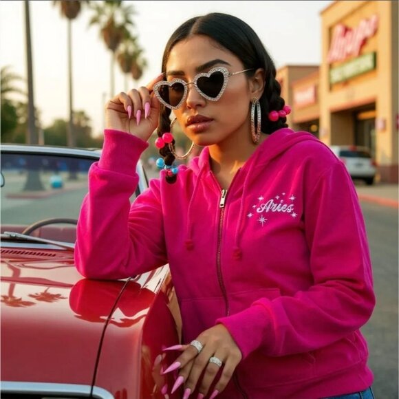 Aries Velour Embroidered Hoodie – by HOROSCOPEZ Pink Zodiac Astrology Jacket M - Picture 3 of 4